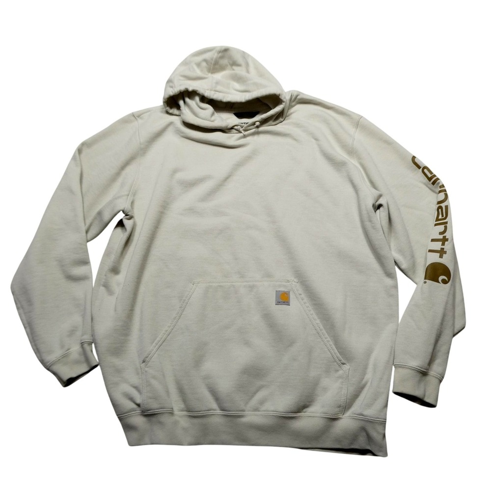 Carhartt Hoodie Sweatshirt Mens 2XLT White Sleeve Logo Fleece Pullover K288